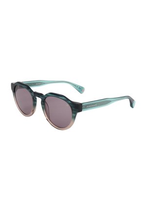 Occhiali da sole rotondi con lenti scure e montatura verde turchese che sfuma verso il beige nella parte inferiore, con motivo testurizzato sulle aste.
