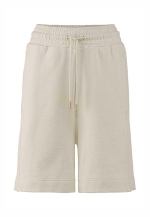 Lichtbeige katoenen shorts met een elastische tailleband en trekkoord. Heeft een eenvoudig ontwerp, rechte pijpen en geen zakken.