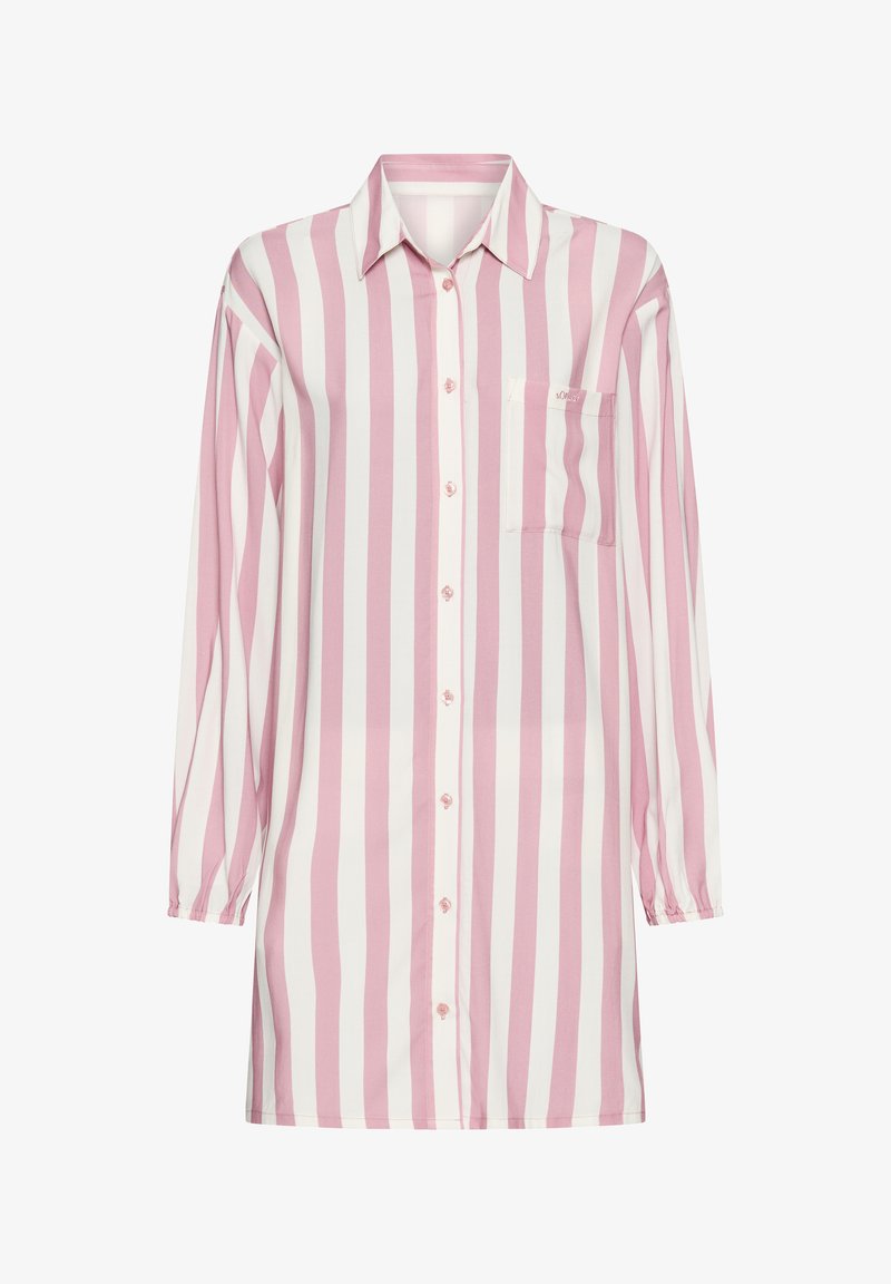 Chemise à manches longues à boutons avec rayures verticales roses et blanches, col pointu, poche poitrine et poignets élastiques.