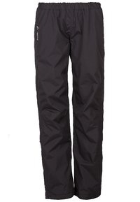 Schwarze wasserdichte Outdoor-Hosen mit elastischem Bund und dezentem Logo am linken Oberschenkel, entworfen für Wandern oder Regenschutz.