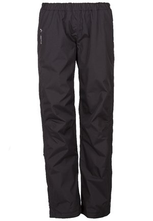 Black waterproof outdoor pants with elastic waistband and subtle logo on left thigh, designed for hiking or rain protection.