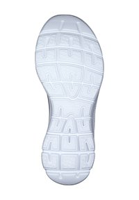 Semelle de chaussure blanche avec surface texturée et à motifs, et design de treads rectangulaires. Logo "SKECHERS" embossé près du centre.