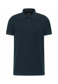 Donkerblauw poloshirt van katoen met een klassieke kraag, drie knopen, korte mouwen en een klein geborduurd logo op de borst.