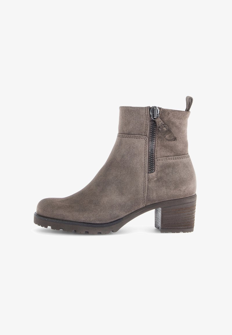 Grijze suède enkellaars met een ronde neus, ritssluiting aan de zijkant en een robuuste, gestructureerde hak voor extra grip en stabiliteit.