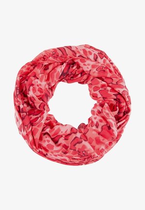 Écharpe infinity légère avec un motif floral abstrait rouge et rose, arrangée en forme circulaire lâche.