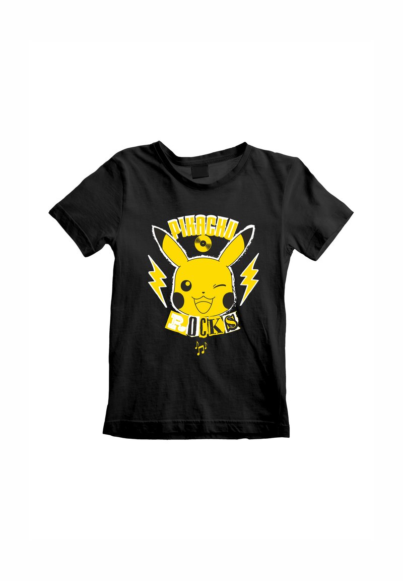Černé bavlněné tričko s žlutým grafickým potiskem Pikachu a blesky s textem "Pikachu Rocks". Krátké rukávy s kulatým výstřihem.