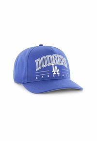 Blaues, tailliertes Baseballcap mit weißem, gesticktem "DODGERS"-Text, "LA"-Logo und "BASEBALL" darunter. Glatte Stoffoberfläche, gebogener Schirm.