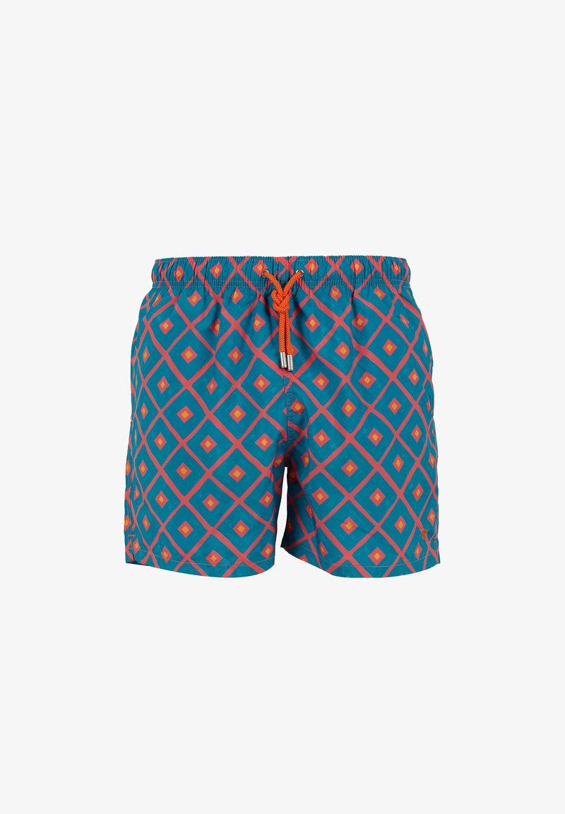 Schwimmshorts in Türkis mit einem diamantförmigen Muster in Orange und Gelb. Sie verfügen über einen elastischen Bund mit verstellbarem Kordelzug.