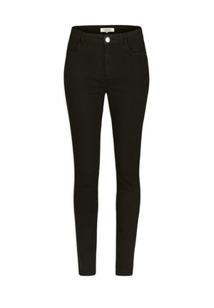 Jeans skinny noirs en denim extensible, avec une fermeture à bouton à l'avant, des passants de ceinture et deux poches avant avec une finition lisse et mate.