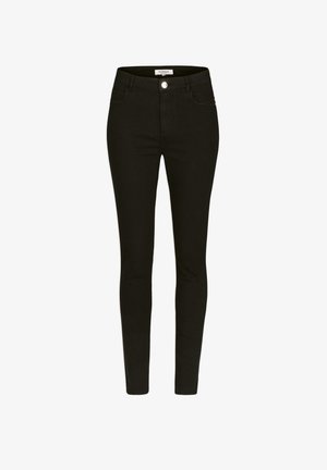 Black skinny jeans made of stretch denim, featuring a front button closure, belt loops, and two front pockets with a smooth, matte finish.
