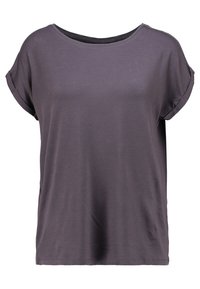 Volné tričko s krátkým rukávem vyrobené z měkké šedé tkaniny, s kulatým výstřihem a ohrnutými rukávy. Jednoduchý a nezdobený design.