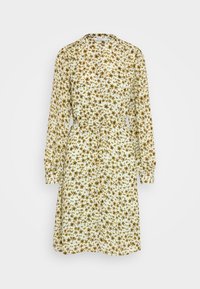 Abito a maniche lunghe con vita stretta, caratterizzato da uno sfondo bianco e un piccolo motivo floreale marrone e verde in tutta la sua superficie.