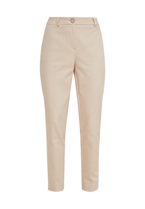Beige tailored trousers with a straight leg, belt loops, and a front zip fly. Smooth fabric with a subtle sheen and no visible patterns.