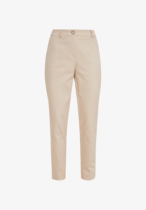 Beżowe dopasowane spodnie z prostą nogawką, szlufkami na pasek i zapięciem na zamek z przodu. Gładki materiał o subtelnym połysku i bez widocznych wzorów.