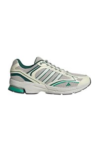 Lightweight running shoe in white mesh with green accents, featuring multiple stripes, a cushioned sole, and structured support for comfort.