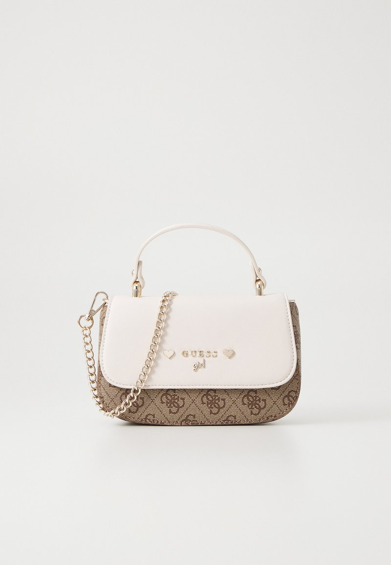Brown and white handbag with a structured shape, featuring a chain strap, gold accents, and a patterned bottom section. "GUESS girl" logo displayed.