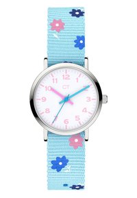 Uhr mit Blumenmuster, ausgestattet mit einem hellblauen Stoffarmband, einem weißen Zifferblatt, pinken Stundenmarkierungen und einem blauen Minutenzeiger. Gehäuse in Silberoptik.