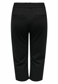 Černé capri kalhoty s elastickým pasem a dvěma zadními kapsami, zobrazené z zadního úhlu.