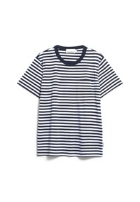 T-shirt a righe in navy e bianco con maniche corte, colletto rotondo e taschino sul petto. Tessuto di cotone con una consistenza liscia.