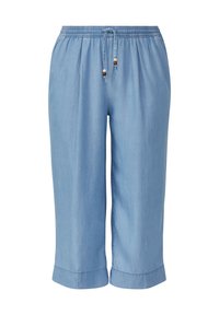 Culottes en coton bleu clair avec une taille élastique, un cordon de serrage et des perles décoratives ; cropped, ample et avec un ourlet retroussé.