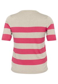 Beige trui met korte mouwen en brede roze strepen, met een ronde halslijn en een zachte, gebreide textuur. Achteraanzicht getoond.