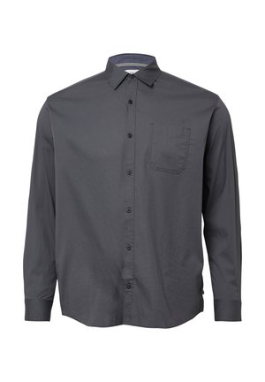 Dunkelgraues Hemd mit Knopfleiste, spitzem Kragen, langen Ärmeln, einer Brusttasche und einem strukturierten Stoffmuster. Die Knöpfe sind schwarz.
