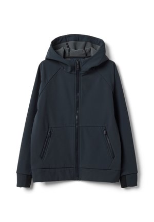 Marineblaue Kapuzenjacke mit Frontreißverschluss, zwei Reißverschlusstaschen und Fleecefutter in Kapuze und Körper.