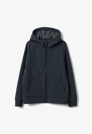 Marineblaue Kapuzenjacke mit Frontreißverschluss, zwei Reißverschlusstaschen und Fleecefutter in Kapuze und Körper.