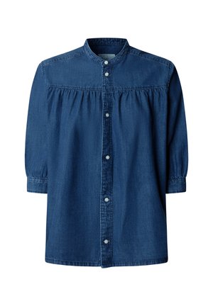 Dunkelblaue Jeansbluse mit langen Ärmeln, gerafftem Einsatz, Mandarinkragen und vorderer Knopfleiste.
