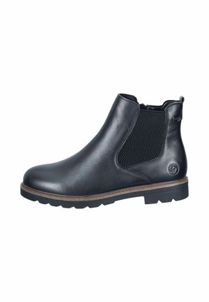 Black leather ankle boot with elastic panels, textured mesh, and a grooved rubber sole. Features a logo on the side and a round toe.