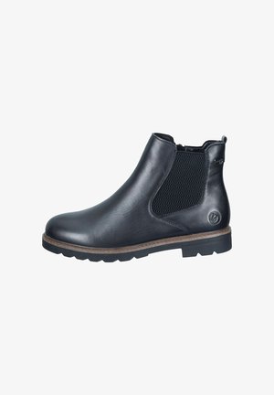 Schwarze Leder-Stiefelette mit elastischen Einsätzen, strukturiertem Mesh und profilierter Gummisohle. Verfügt über ein Logo an der Seite und eine runde Spitze.