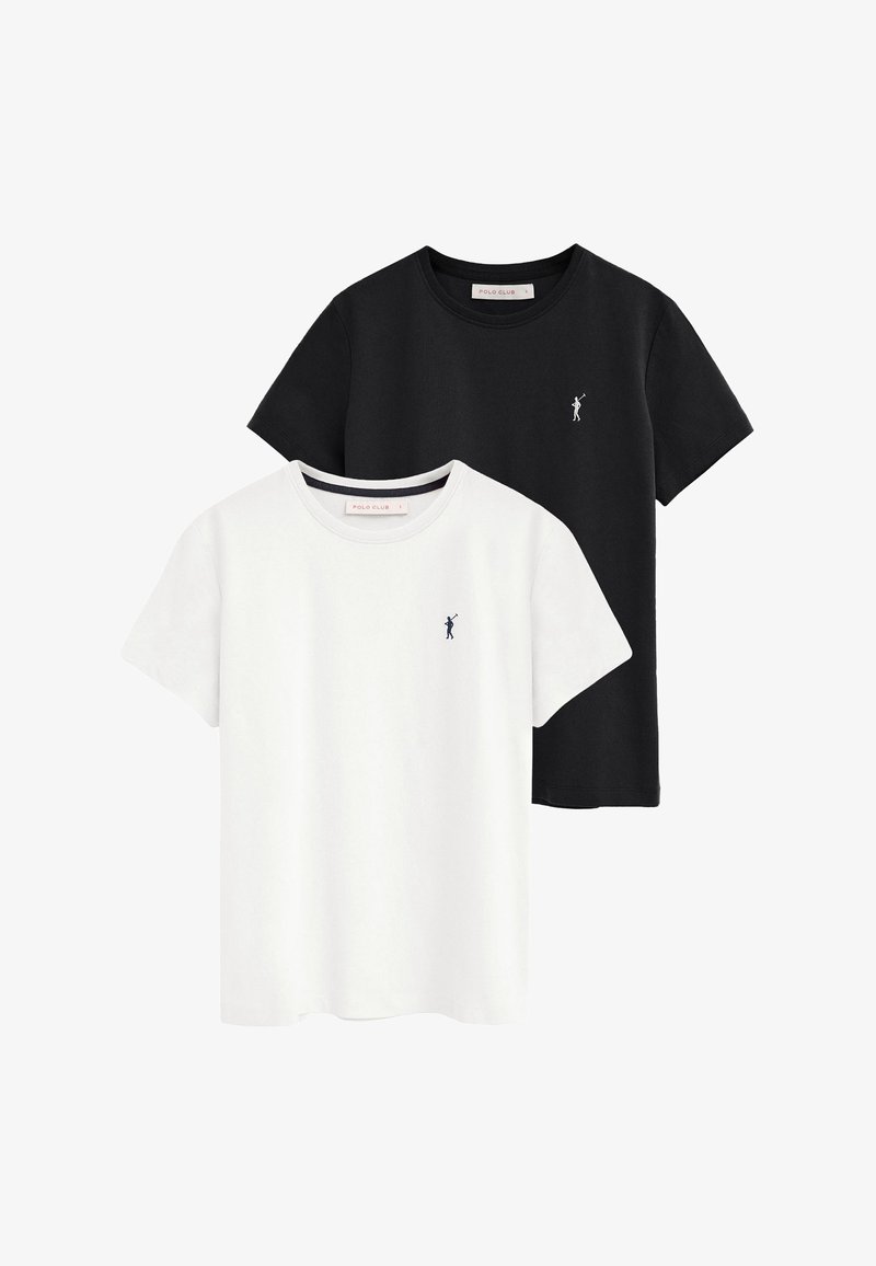 Twee T-shirts met korte mouwen en ronde hals, één zwart en één wit, elk met een klein polo speler logo op de linkerborst.