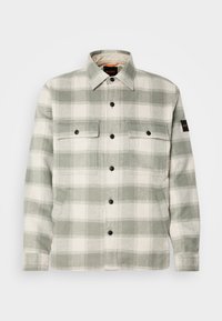 Geruite flanellen overhemd in lichtgroen en crème, met een spread collar, zwarte knopen, twee borstzakken en een label op de mouw.