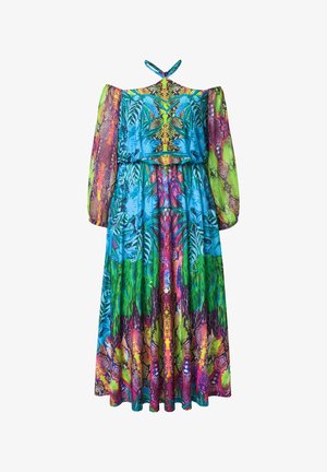 Olkapäiltä avonainen maksimekko, joka on valmistettu kevyestä kankaasta ja jossa on eläväinen monivärinen käärme- ja lehtikuvio puffihelman hihoilla.