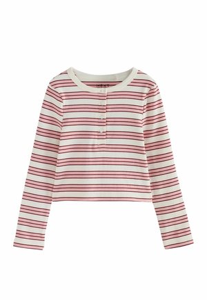 Long-sleeve white shirt with thin pink and red horizontal stripes and four buttons on the front placket.