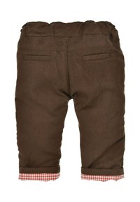 Brown cotton pants with a gathered waist, two back pockets, and checked cuffs. Features a soft texture and relaxed fit.