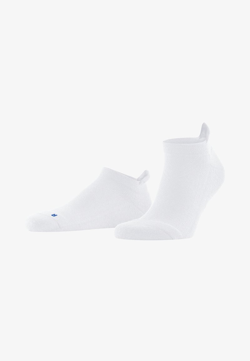 Chaussettes blanches chevilles avec une finition texturée, dotées d'un petit logo bleu sur le bout et d'un talon renforcé pour plus de durabilité.