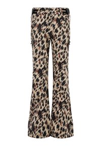 Uitgebreide broek in een tan, zwarte en bruine luipaardprint, met zijzakken en een broekband met trekkoord voor een verstelbare pasvorm.