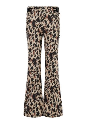 Ausgestellte Hosen in einem hellbraunen, schwarzen und braunen Leopardenmuster, mit seitlichen Taschen und einem Kordelzugbund für eine verstellbare Passform.