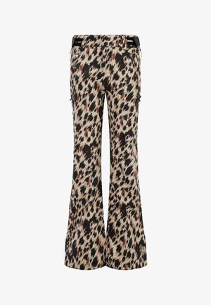 Pantalons évasés dans un motif léopard beige, noir et marron, avec des poches latérales et une taille à cordon de serrage pour un ajustement réglable.