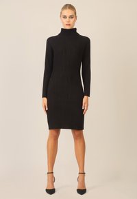 Schwarzes Rippstrickkleid mit hohem Rollkragen, langen Ärmeln, figurnaher Silhouette und knielangem Saum. Geschmeidige Textur, minimale Details.