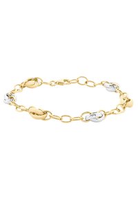 Gold and silver link bracelet with alternating oval and circular links, featuring a lobster clasp and a polished finish.