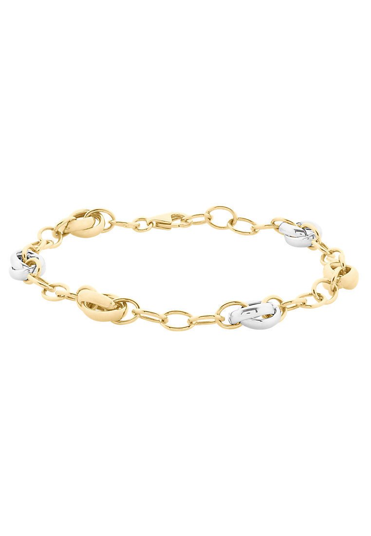 Gold and silver link bracelet with alternating oval and circular links, featuring a lobster clasp and a polished finish.