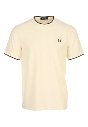 Roomkleurig T-shirt met korte mouwen en donkergroene bies aan boord en mouwranden, met een klein lauwerkranslogo op de linkerborst.