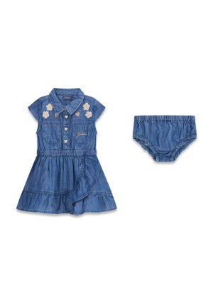 Denimblaues Kleid für Kleinkinder mit kurzen Ärmeln, Blumen- und Herzstickerei, Knöpfen, elastischem Bund und passenden elastischen Taillenbündchen-Höschen.