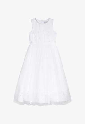 Weißes ärmelloses Kleid mit floraler Stickerei auf dem Oberteil, mehrlagigem Tüllrock und floralen Akzenten am Saum. Glatte Stoffstruktur.