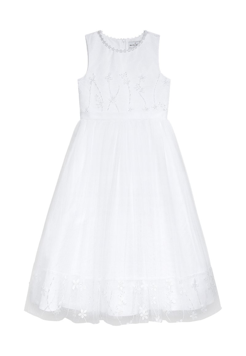 Weißes ärmelloses Kleid mit floraler Stickerei auf dem Oberteil, mehrlagigem Tüllrock und floralen Akzenten am Saum. Glatte Stoffstruktur.