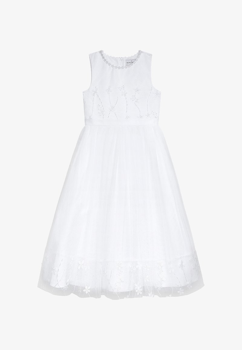 Weißes ärmelloses Kleid mit floraler Stickerei auf dem Oberteil, mehrlagigem Tüllrock und floralen Akzenten am Saum. Glatte Stoffstruktur.