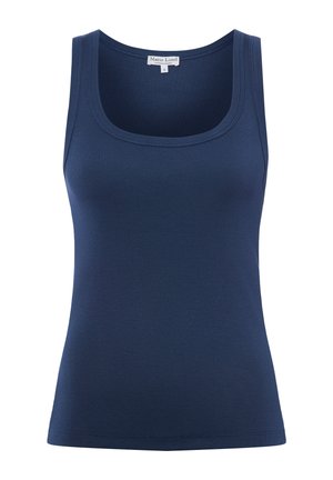 Granatowy prążkowany top na ramiączkach z dekoltem w serek, bez rękawów, z małą białą metką wewnątrz kołnierzyka z napisem "Marie Lund Copenhagen S."