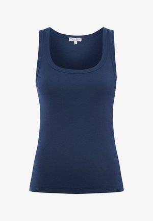 Marineblaues, geripptes Tanktop mit Rundhalsausschnitt, ärmellosem Design und einem kleinen weißen Etikett im Kragen mit der Aufschrift "Marie Lund Copenhagen S."